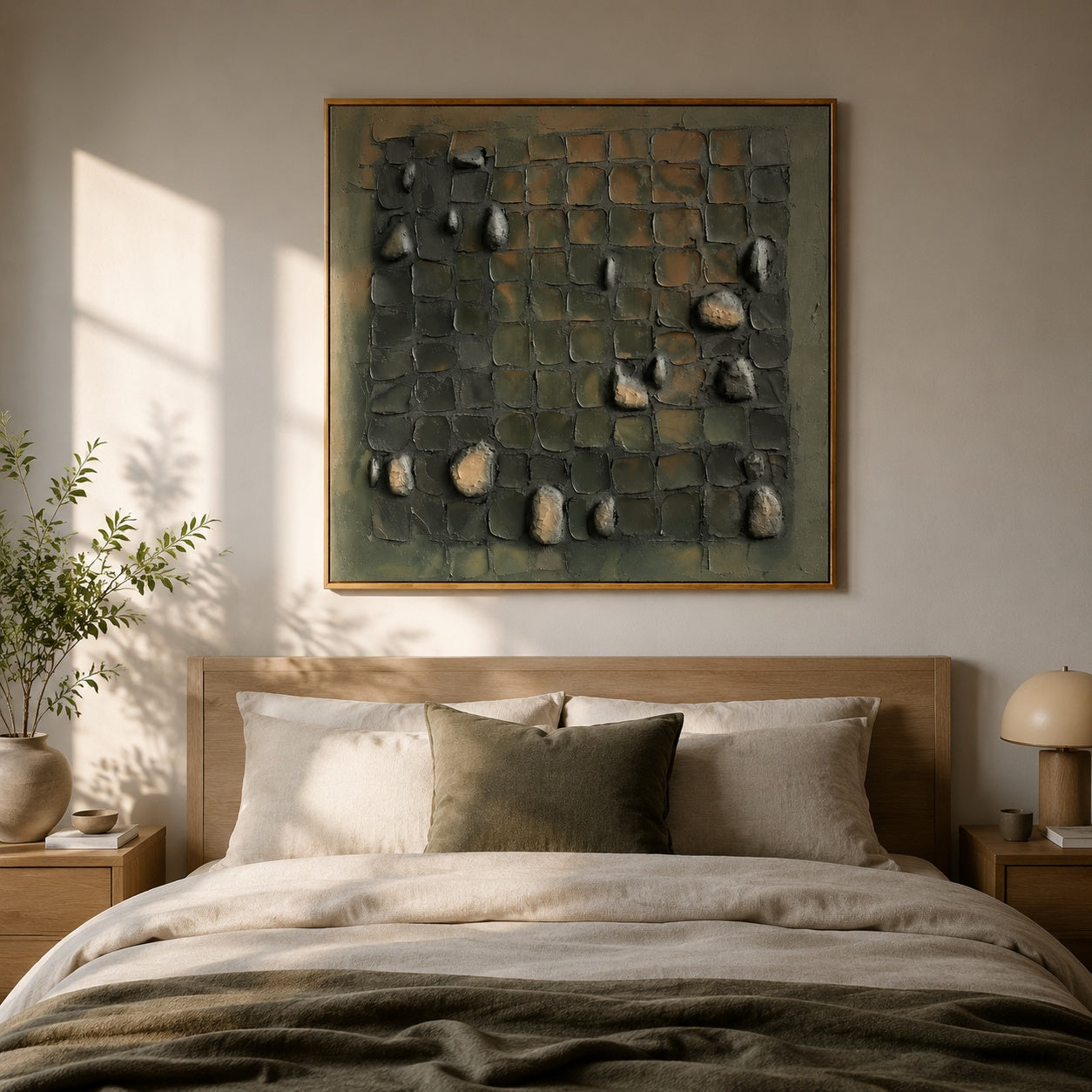 Weathered Stone Grid – Olive Gray Textured Abstract Painting