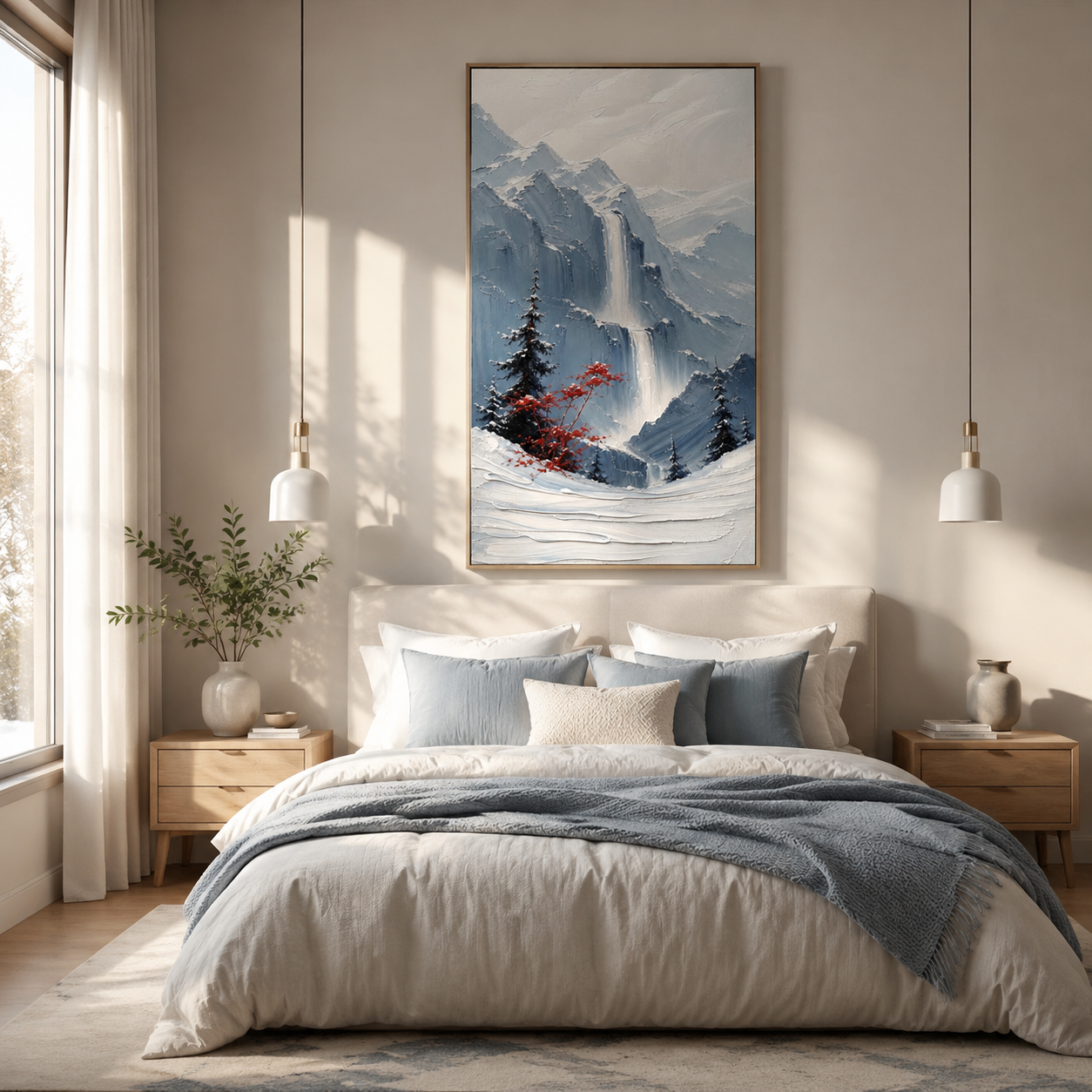Crimson Alpine Falls – Textured Winter Mountain Waterfall Painting