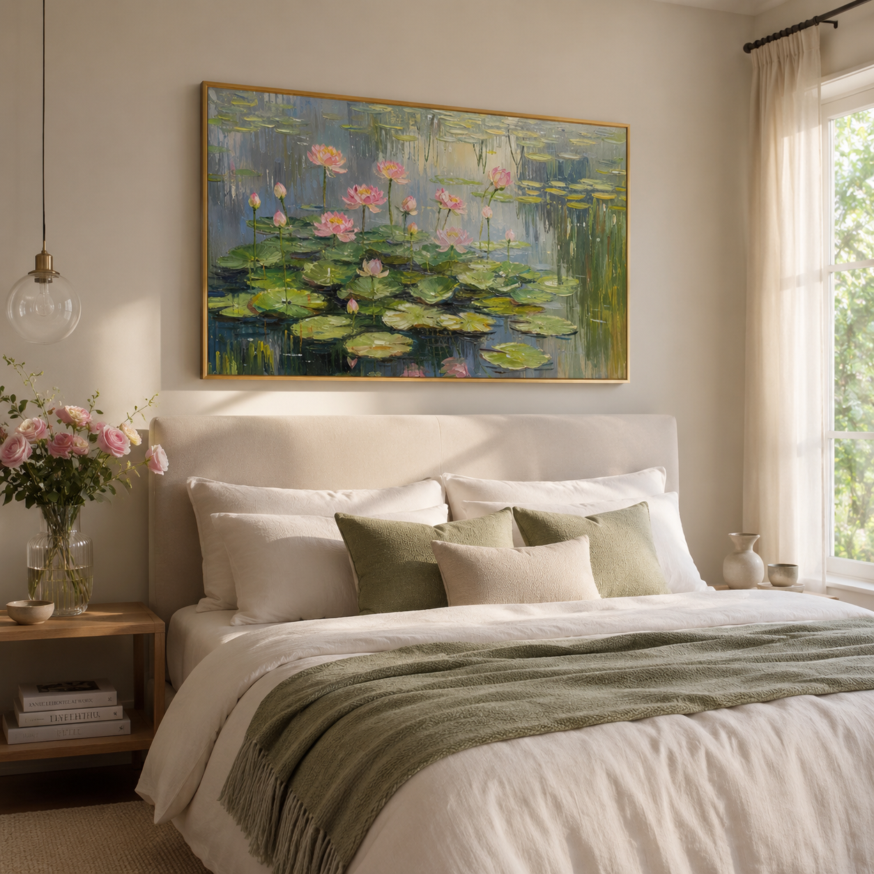 Pink Lotus Reflections – Impressionist Pond Landscape Painting