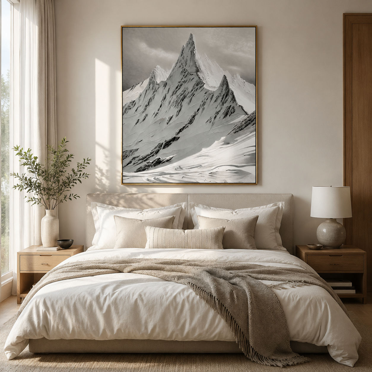 Monochrome Alpine Peak – Black and White Textured Mountain Painting