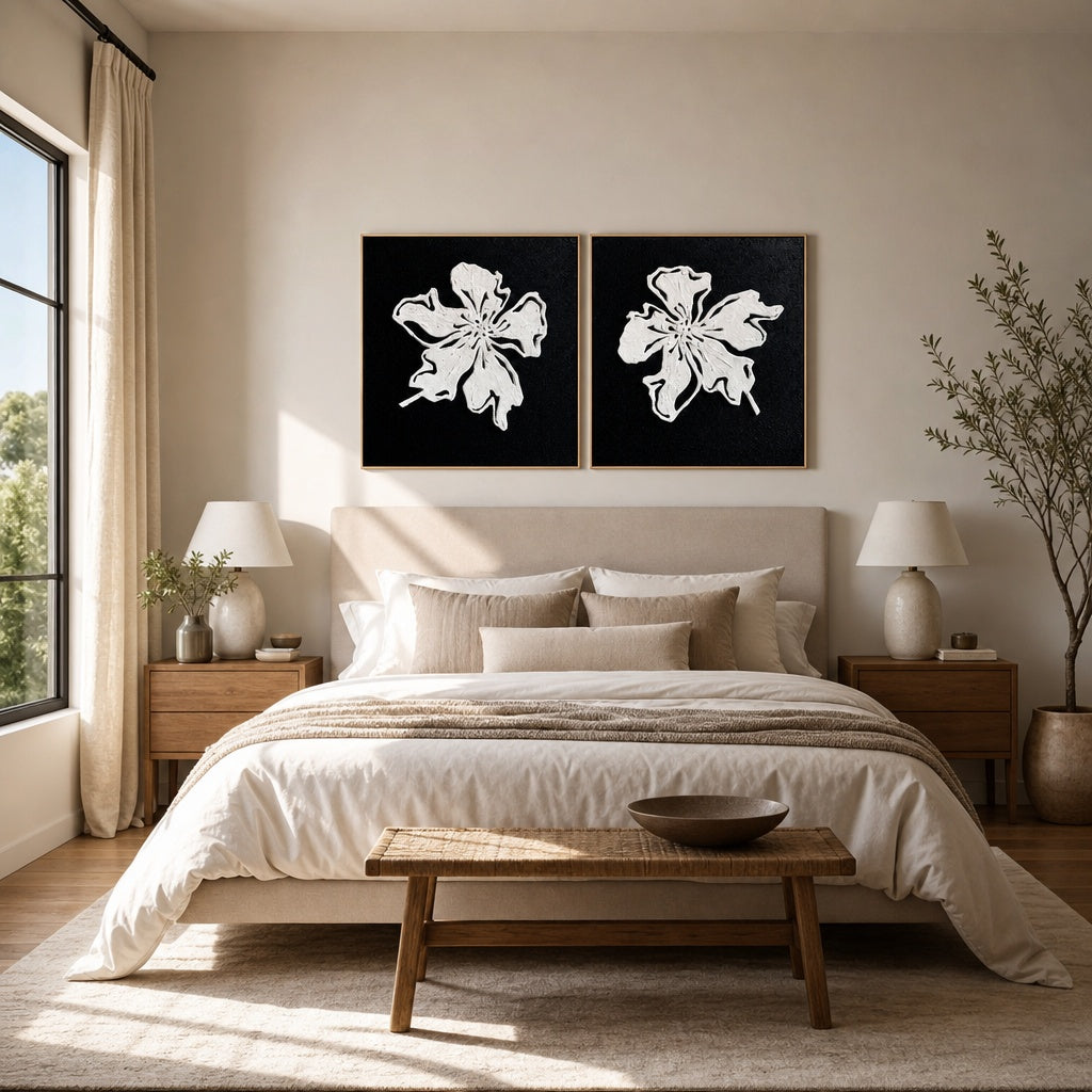 Black White Floral Relief Diptych