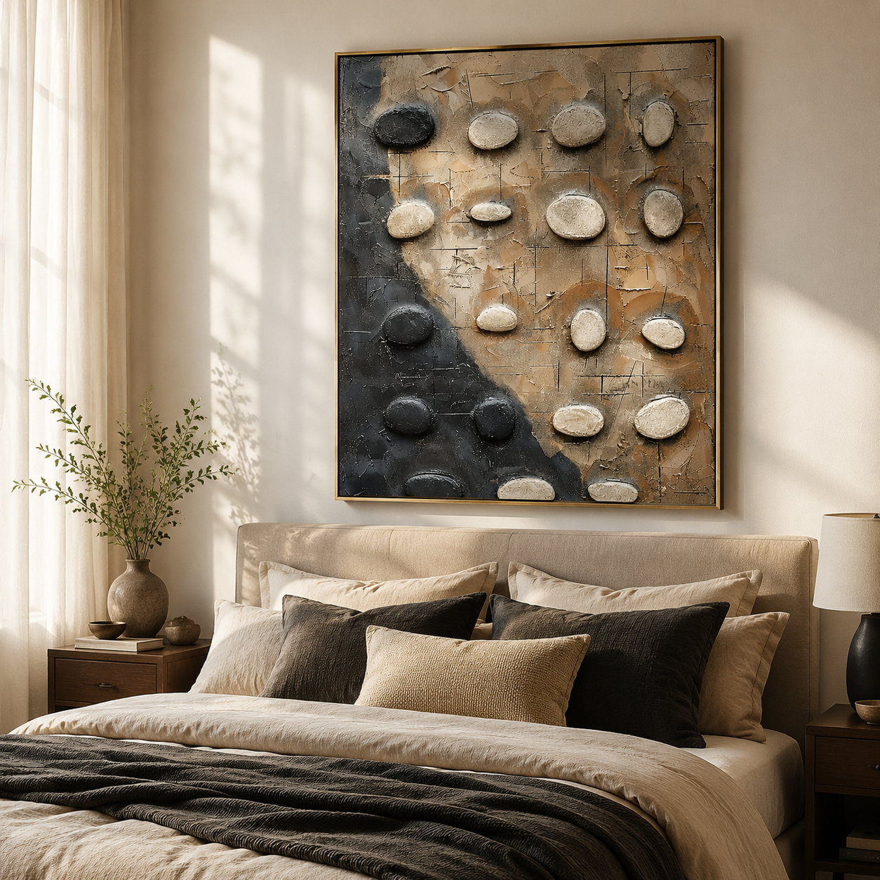 Stone Balance – Black and Beige Textured Abstract Painting