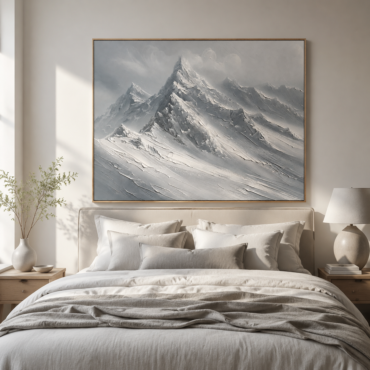 Silver Mountain Majesty – Gray Textured Snowy Peak Painting