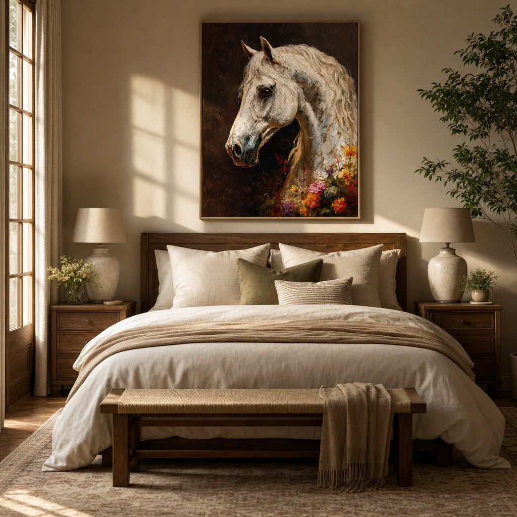 White Horse Floral Portrait Painting