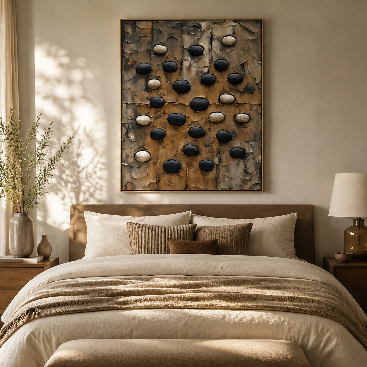 Earthen Pebble Rhythm – Black and Beige Textured Abstract PaintingEarthen Pebble Rhythm – Black and Beige Textured Abstract Painting