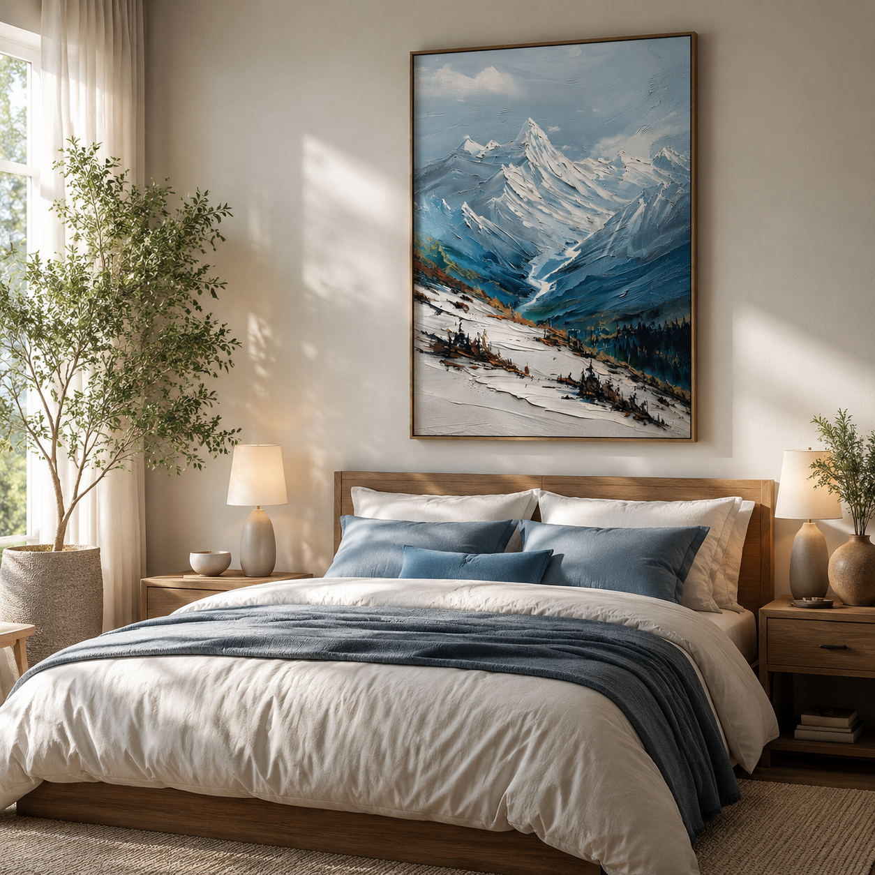 Snowy Alpine Valley – Blue Textured Mountain Landscape Painting