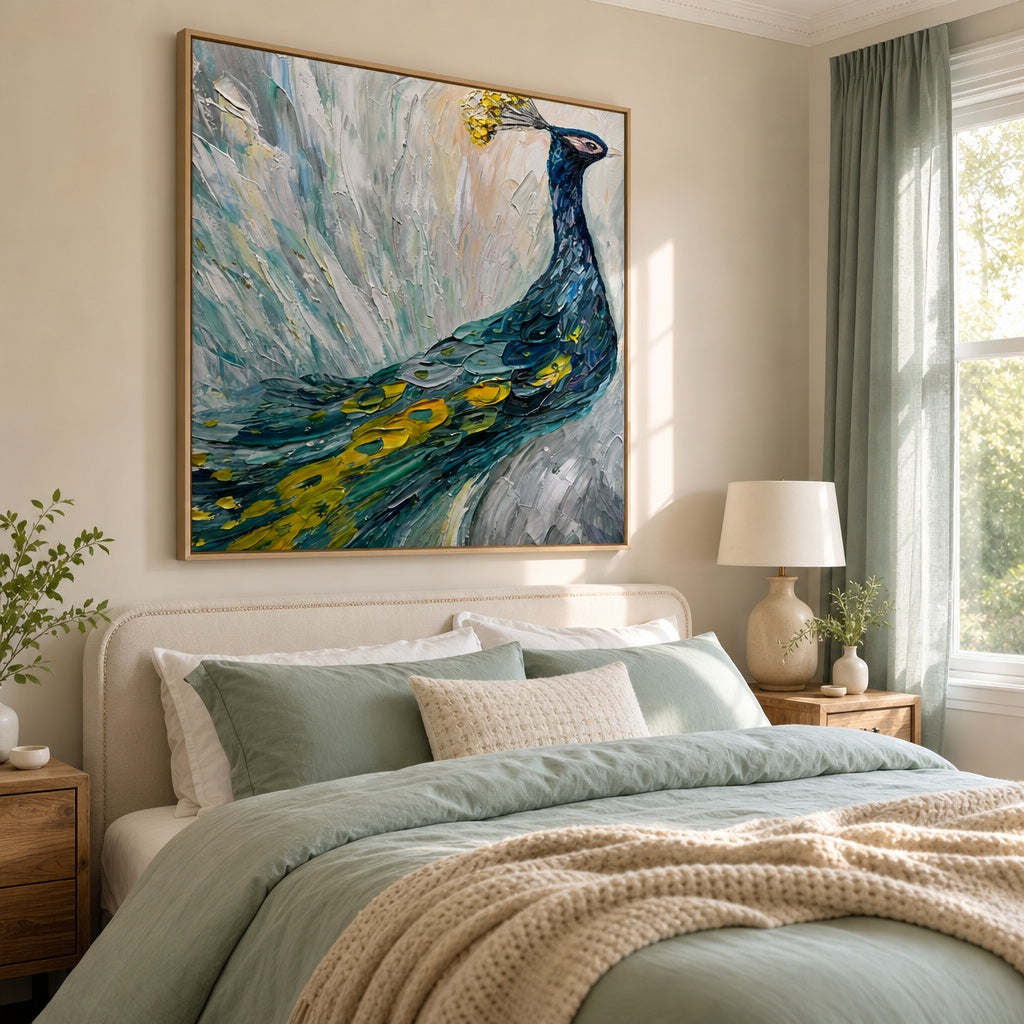 Blue Peacock Textured Bird Painting