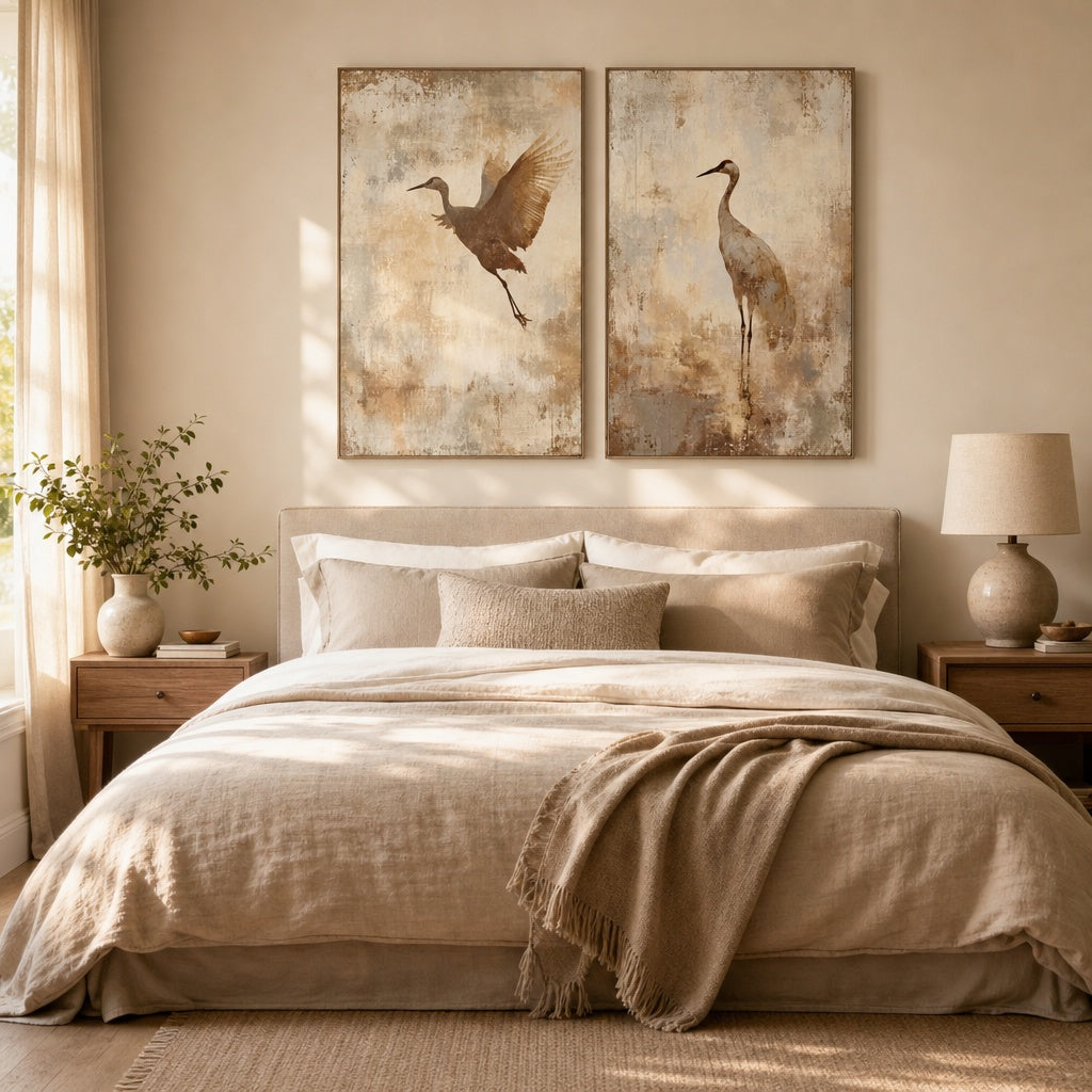 Flying Cranes Vintage Nature Painting