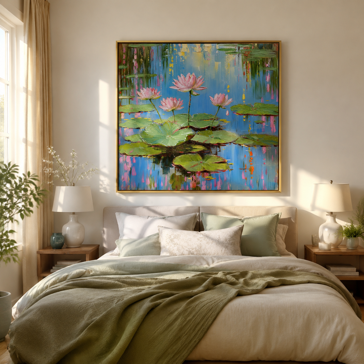Pink Lotus on Blue Water – Impressionist Floral Pond Painting