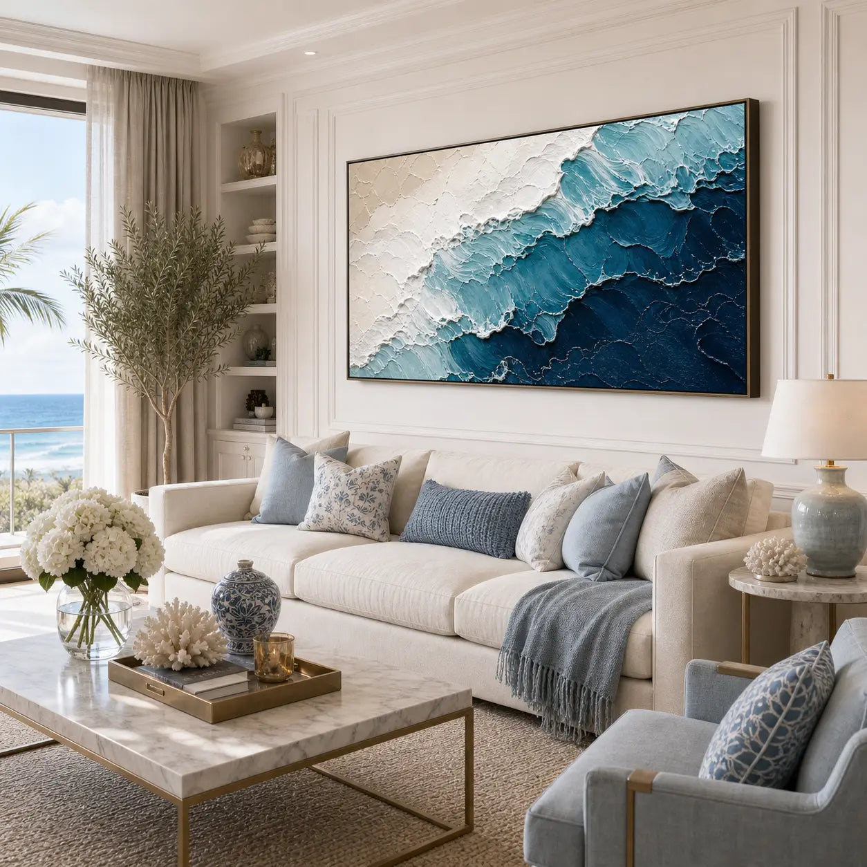Azure Tide Relief - Hand-Painted Textured Ocean Wave Wall Art, Large Coastal Blue Abstract Canvas Painting for Living Room