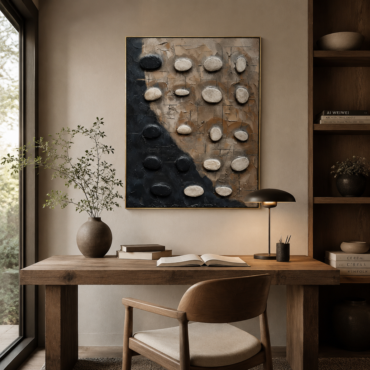 Stone Balance – Black and Beige Textured Abstract Painting