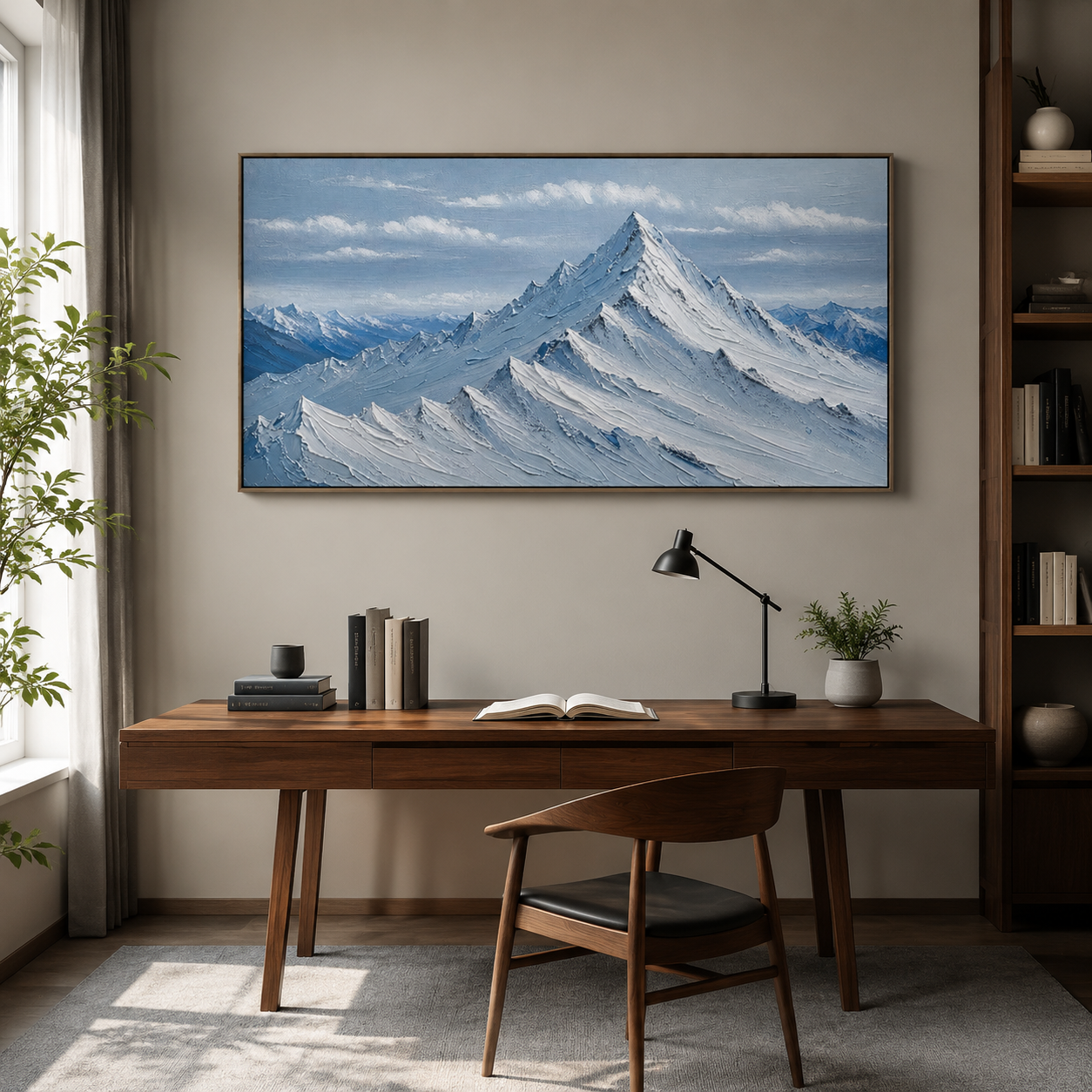 Alpine Stillness – Blue Textured Mountain Landscape Painting