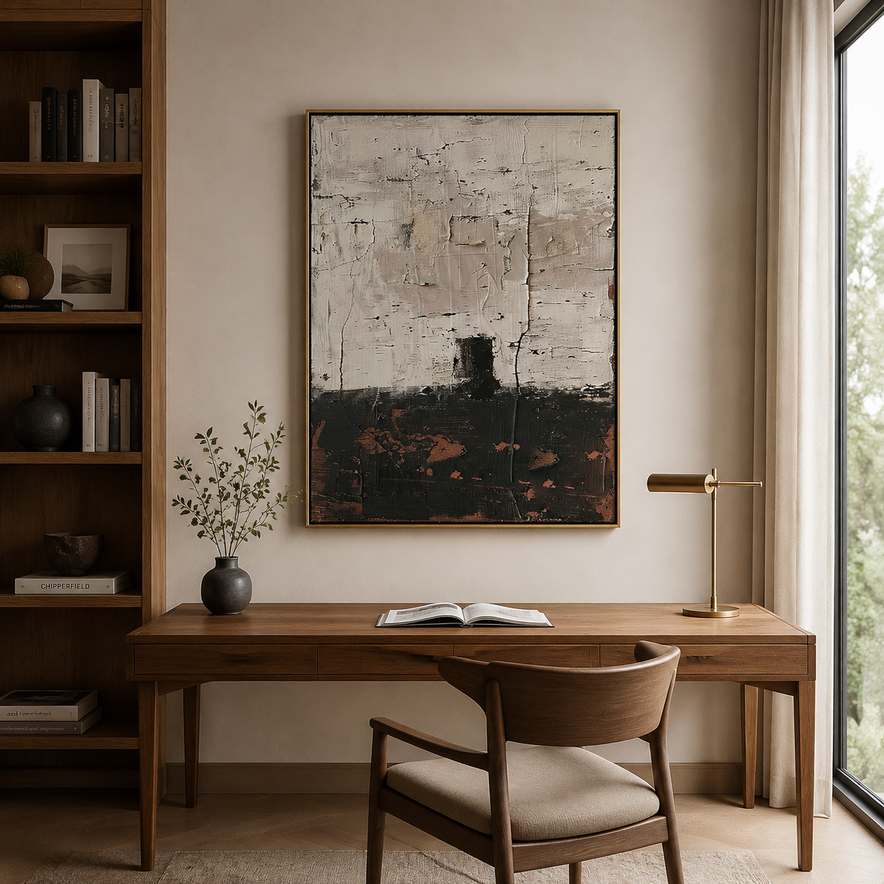 Weathered Silence – Neutral Black and Beige Abstract Textured Painting
