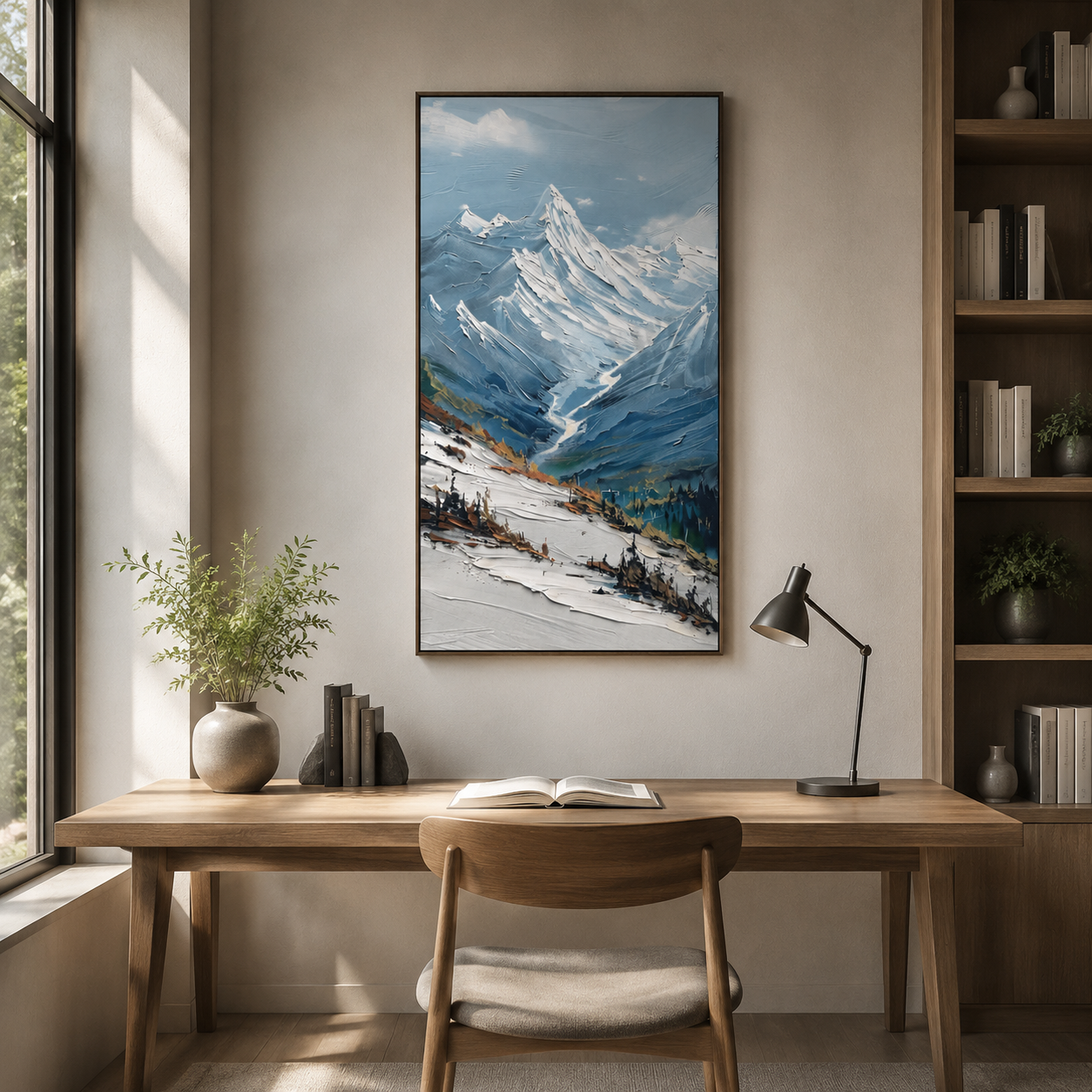 Snowy Alpine Valley – Blue Textured Mountain Landscape Painting