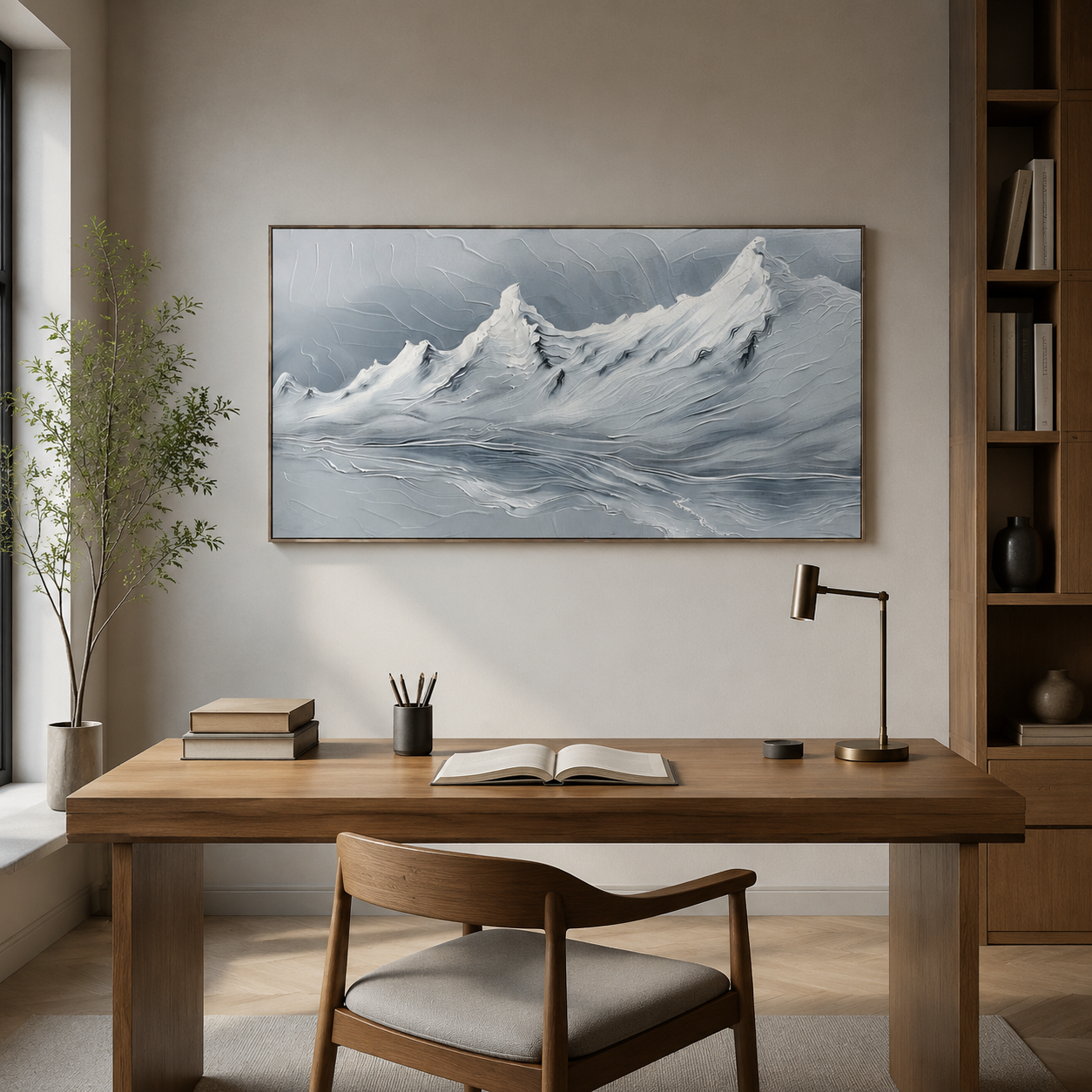 Silver Alpine Reflection – Textured Blue Mountain Landscape Painting