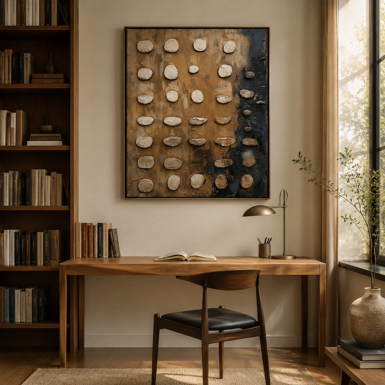 Stone Grid Harmony – Beige and Charcoal Textured Abstract Painting