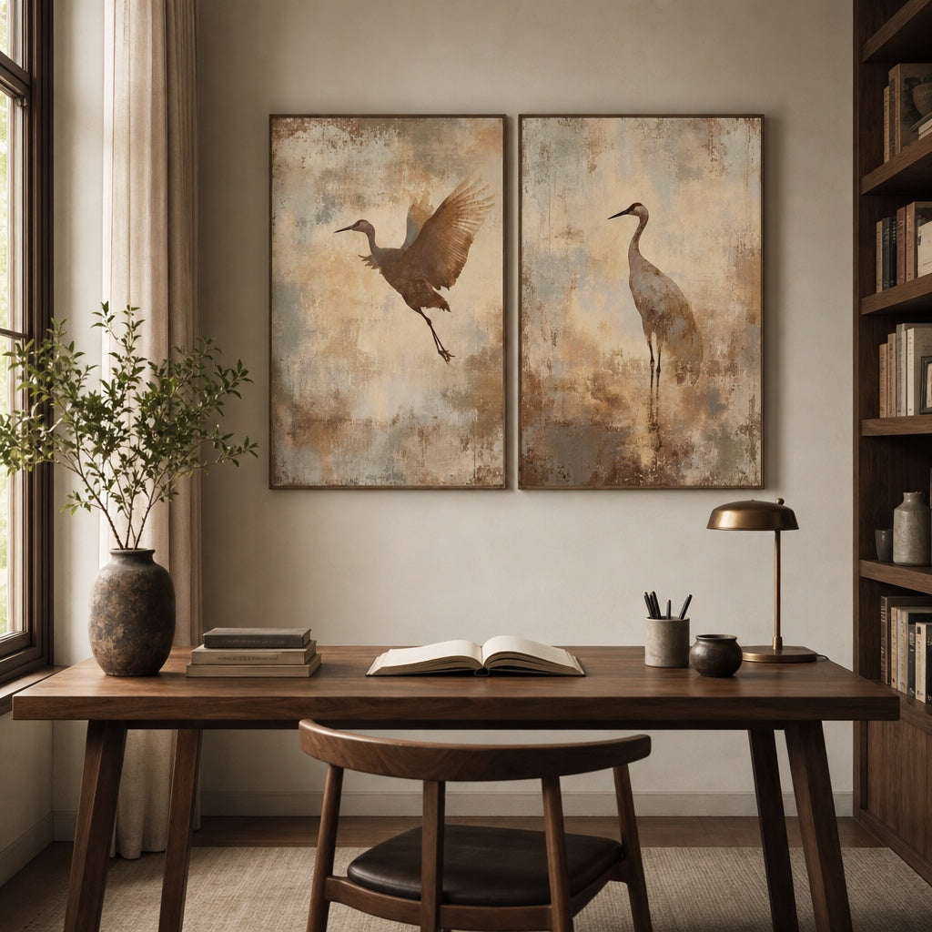 Flying Cranes Vintage Nature Painting