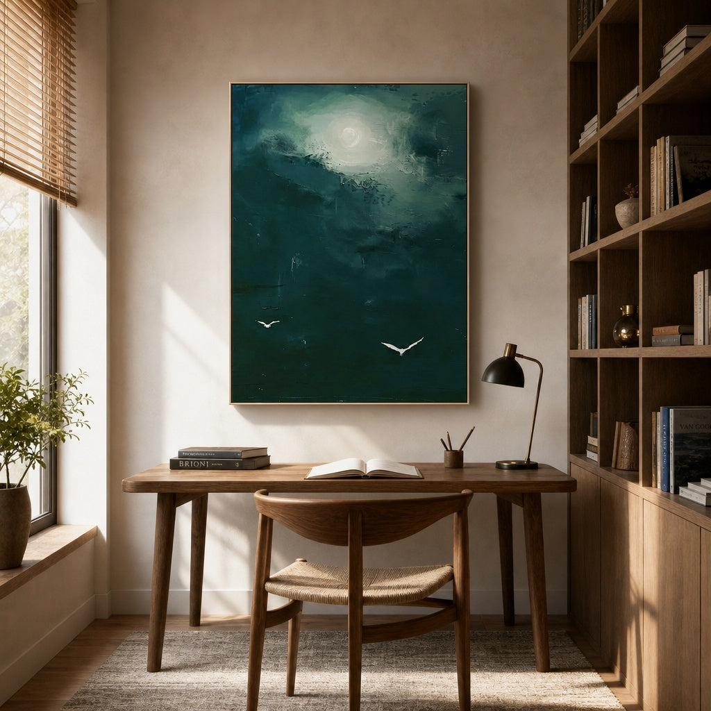 Moonlight Ocean Birds Abstract Painting
