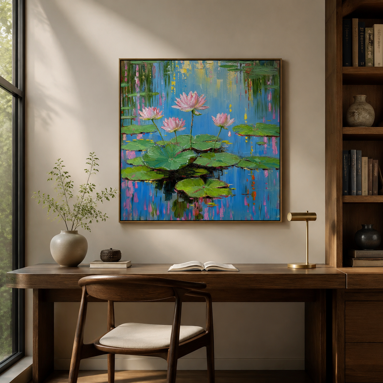 Pink Lotus on Blue Water – Impressionist Floral Pond Painting