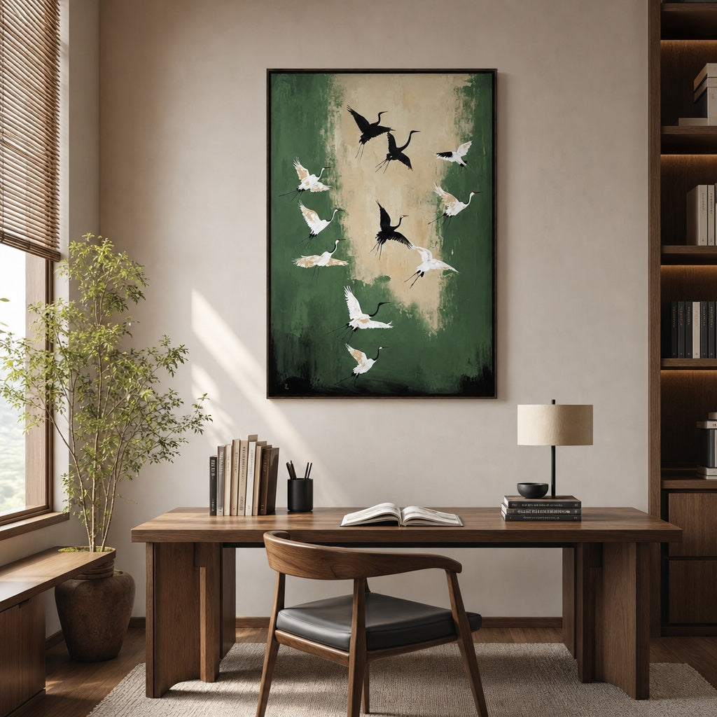 Flying Cranes Green Nature Painting