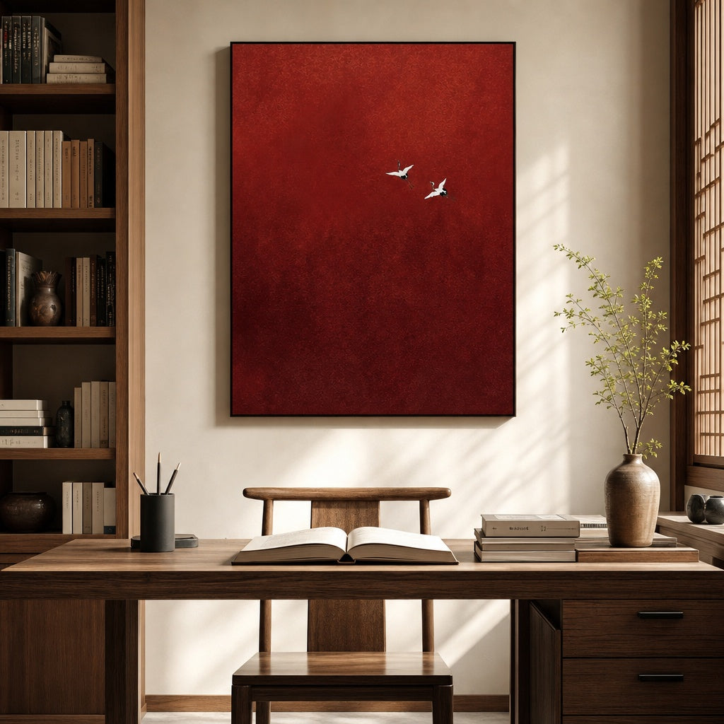 Red Sky Flying Birds Abstract Painting