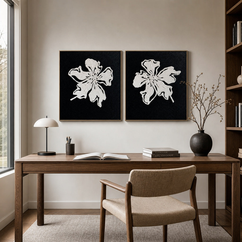 Black White Floral Relief Diptych