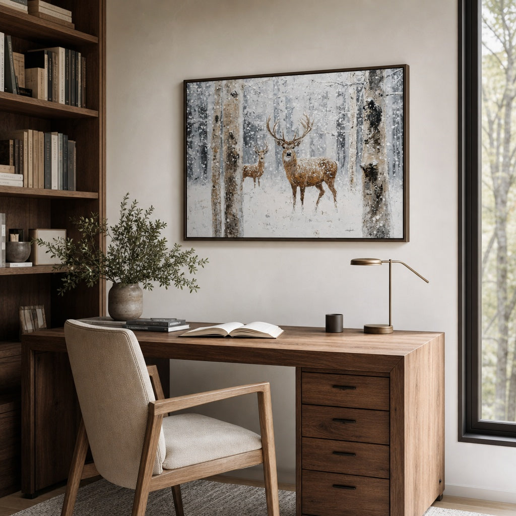 Winter Forest Deer Landscape Painting