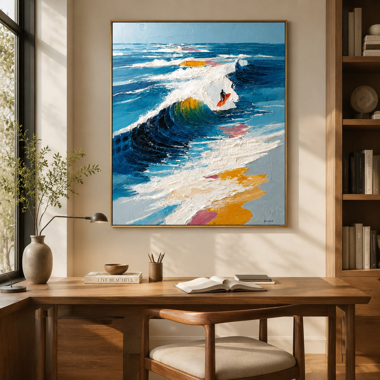Surfing the Blue Break – Textured Ocean Wave Painting