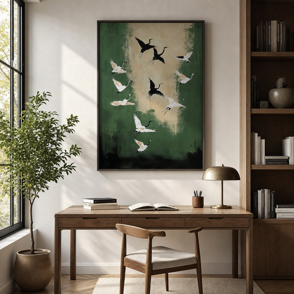 Flying Cranes Nature Landscape Painting