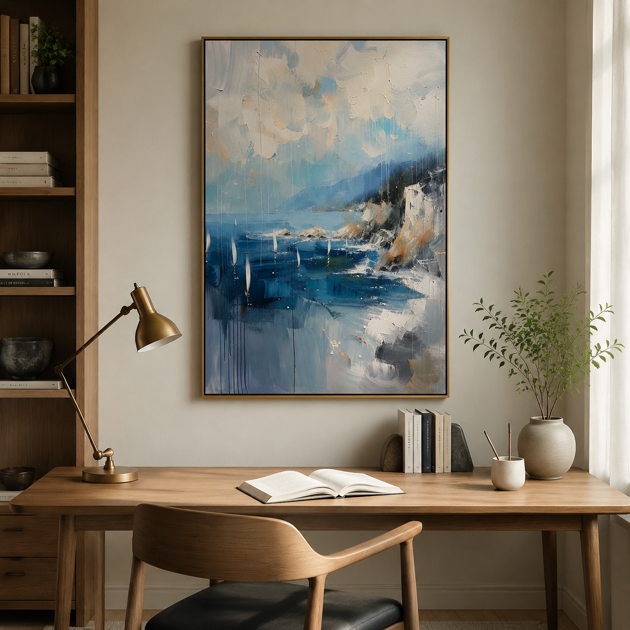 Blue Coastal Harbor – Abstract Sailboat Seascape Painting