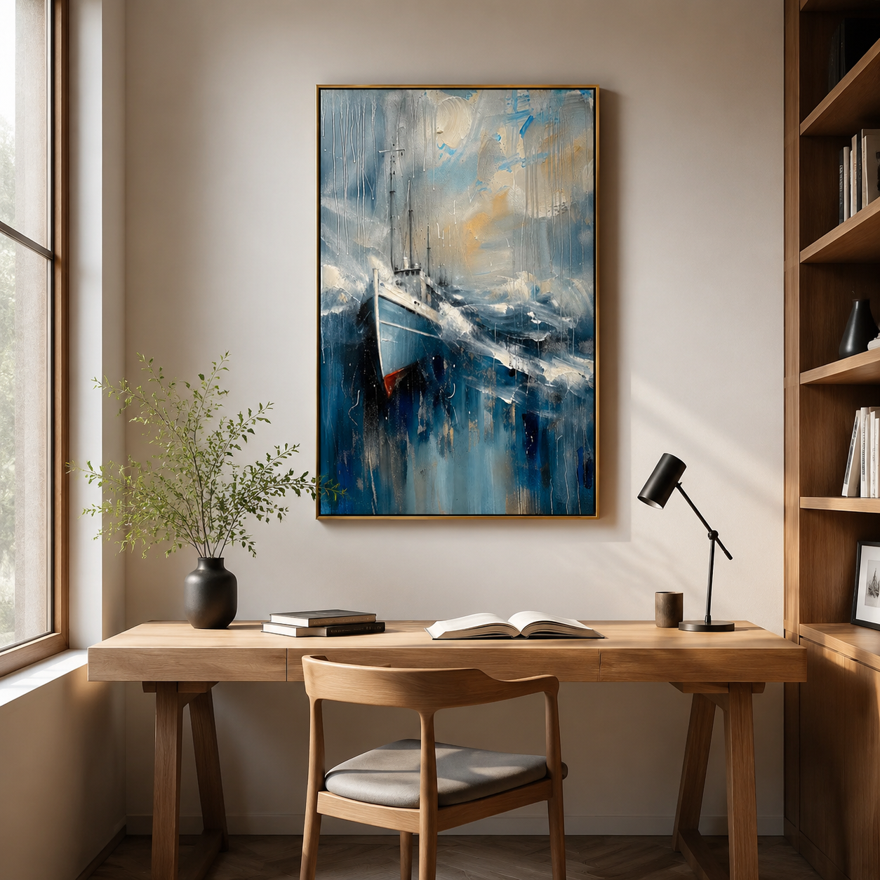 Stormbound Harbor – Blue Abstract Fishing Boat Painting