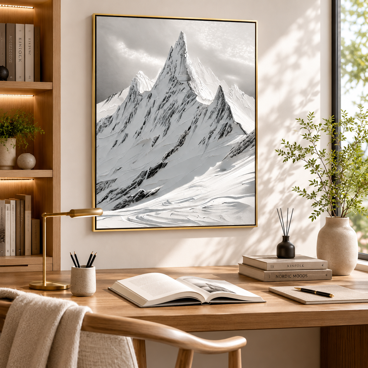 Monochrome Alpine Peak – Black and White Textured Mountain Painting