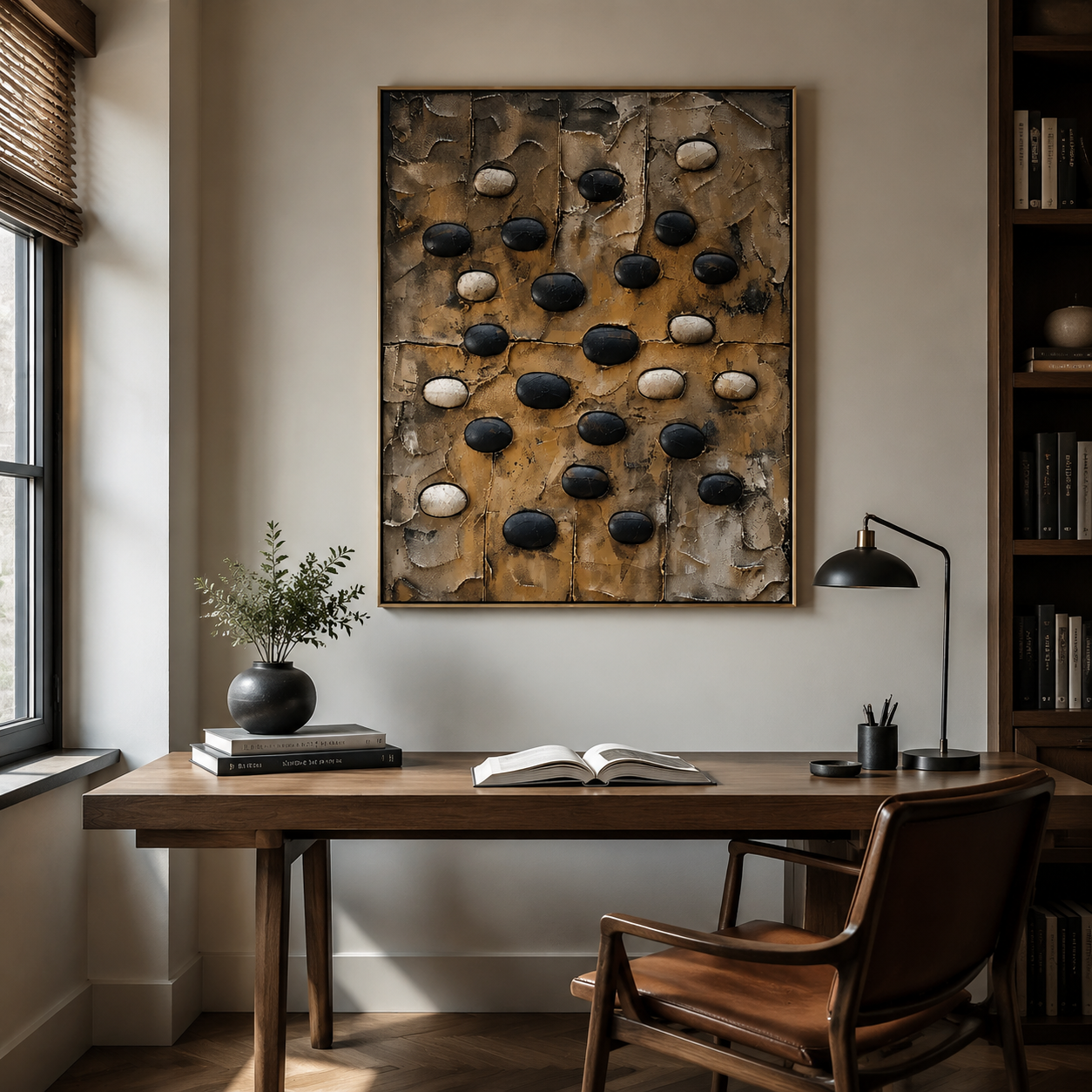 Earthen Pebble Rhythm – Black and Beige Textured Abstract PaintingEarthen Pebble Rhythm – Black and Beige Textured Abstract Painting