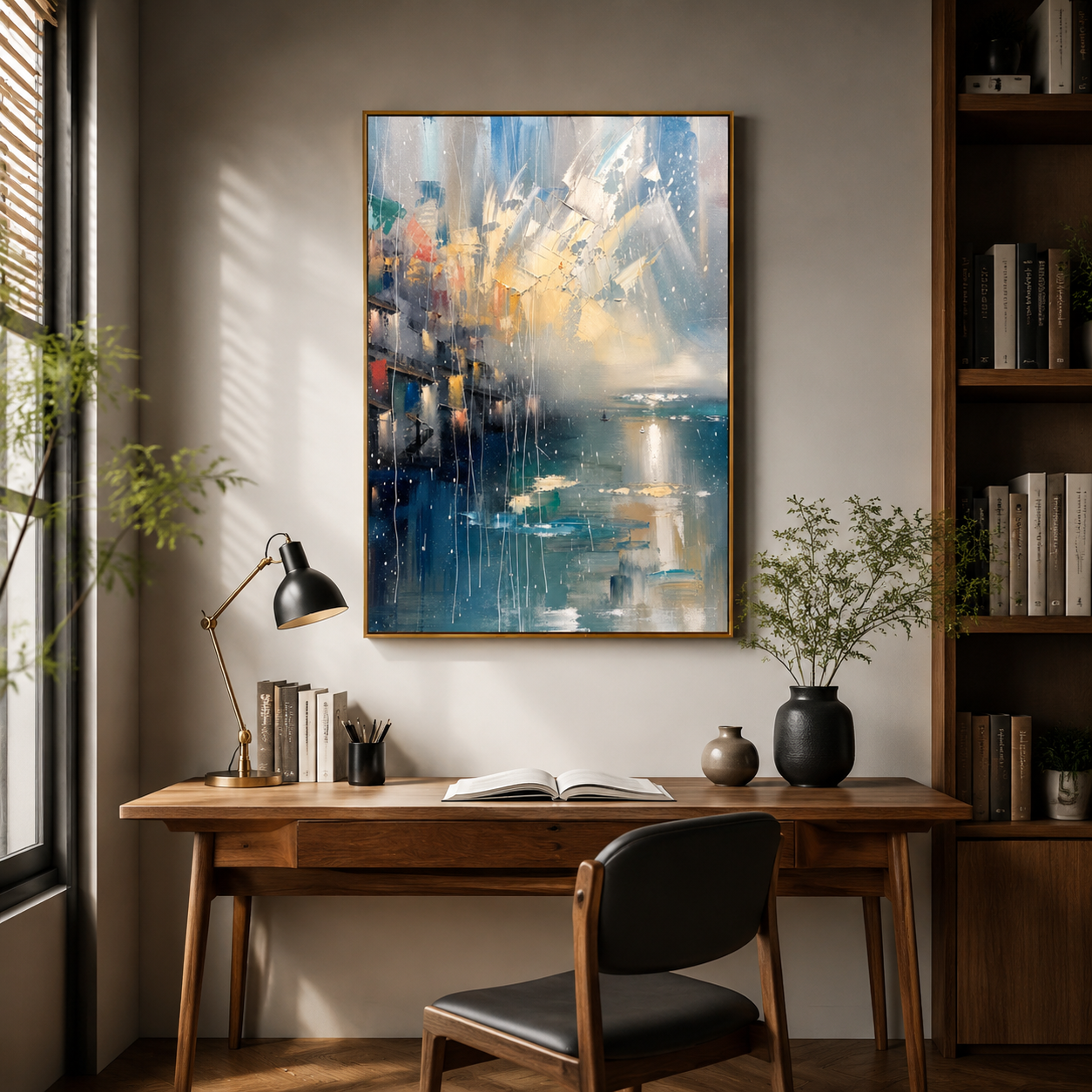 Coastal City Light – Blue Abstract Seascape Painting