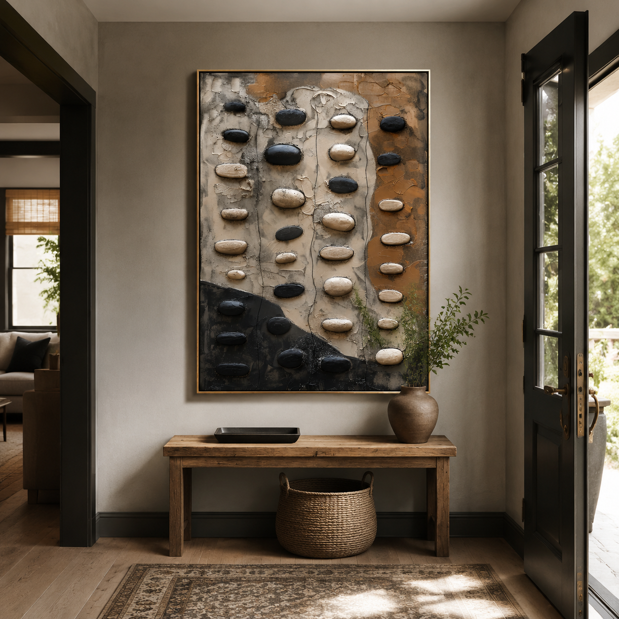 River Stone Path – Black and Beige Textured Abstract Painting