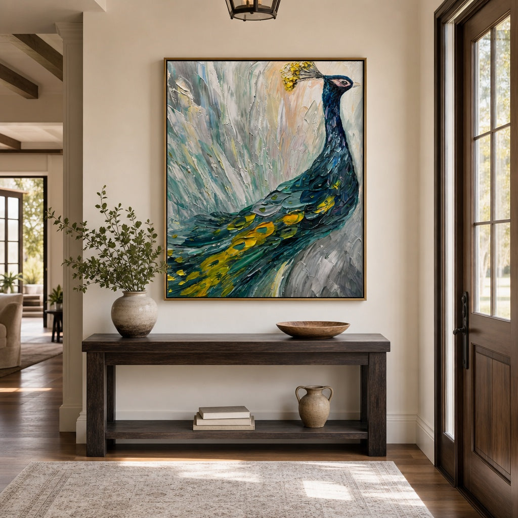 Blue Peacock Textured Bird Painting