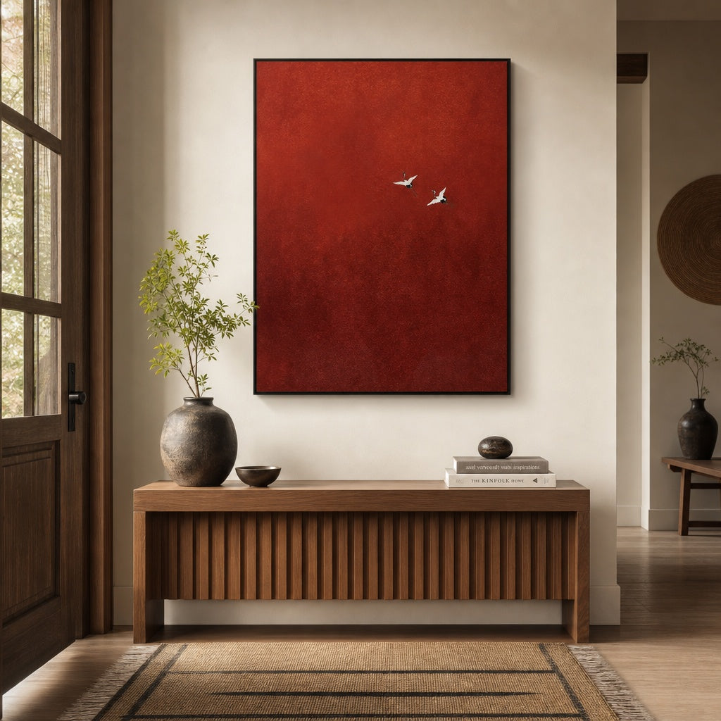 Red Sky Flying Birds Abstract Painting