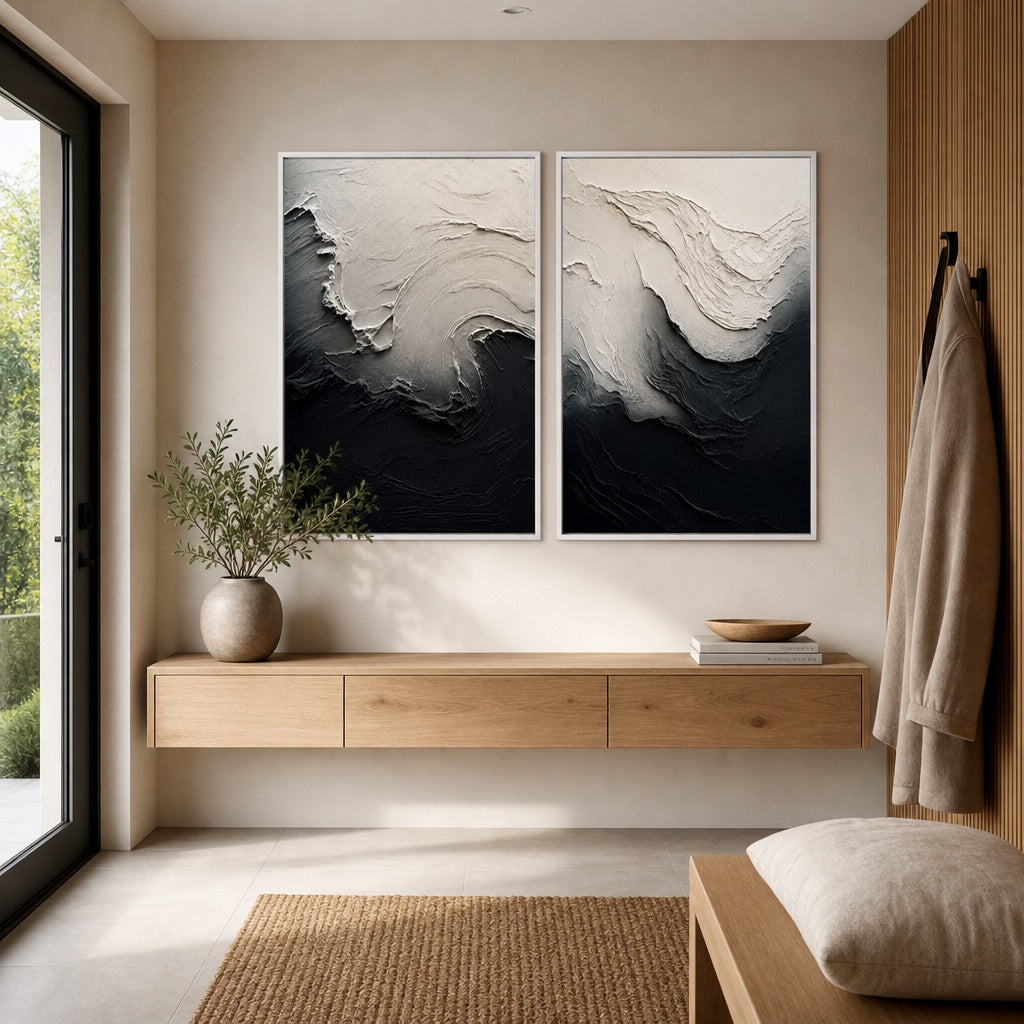 Monochrome Wave Relief Diptych