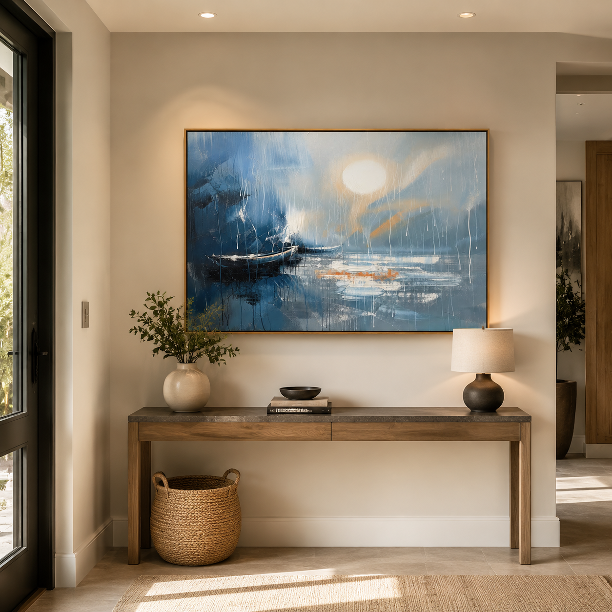 Moonlit Blue Harbor – Abstract Boat Seascape Painting