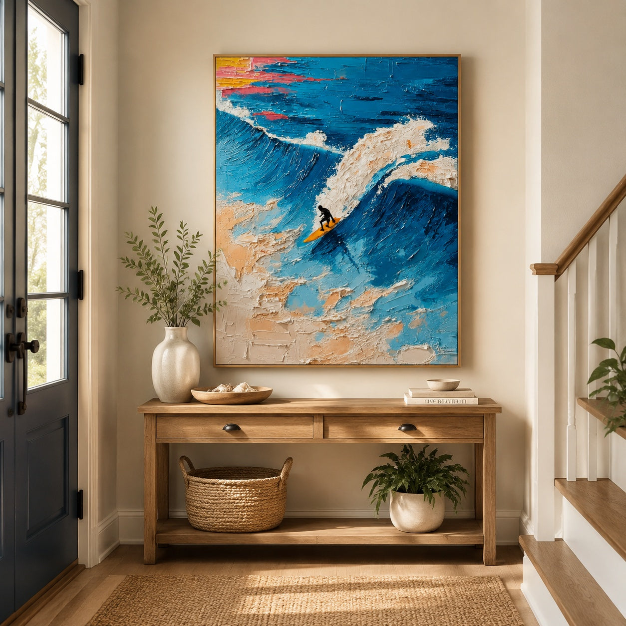 Riding the Blue Wave – Textured Ocean Surfing Painting