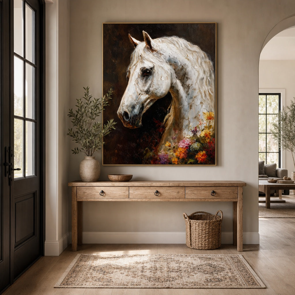 White Horse Floral Portrait Painting