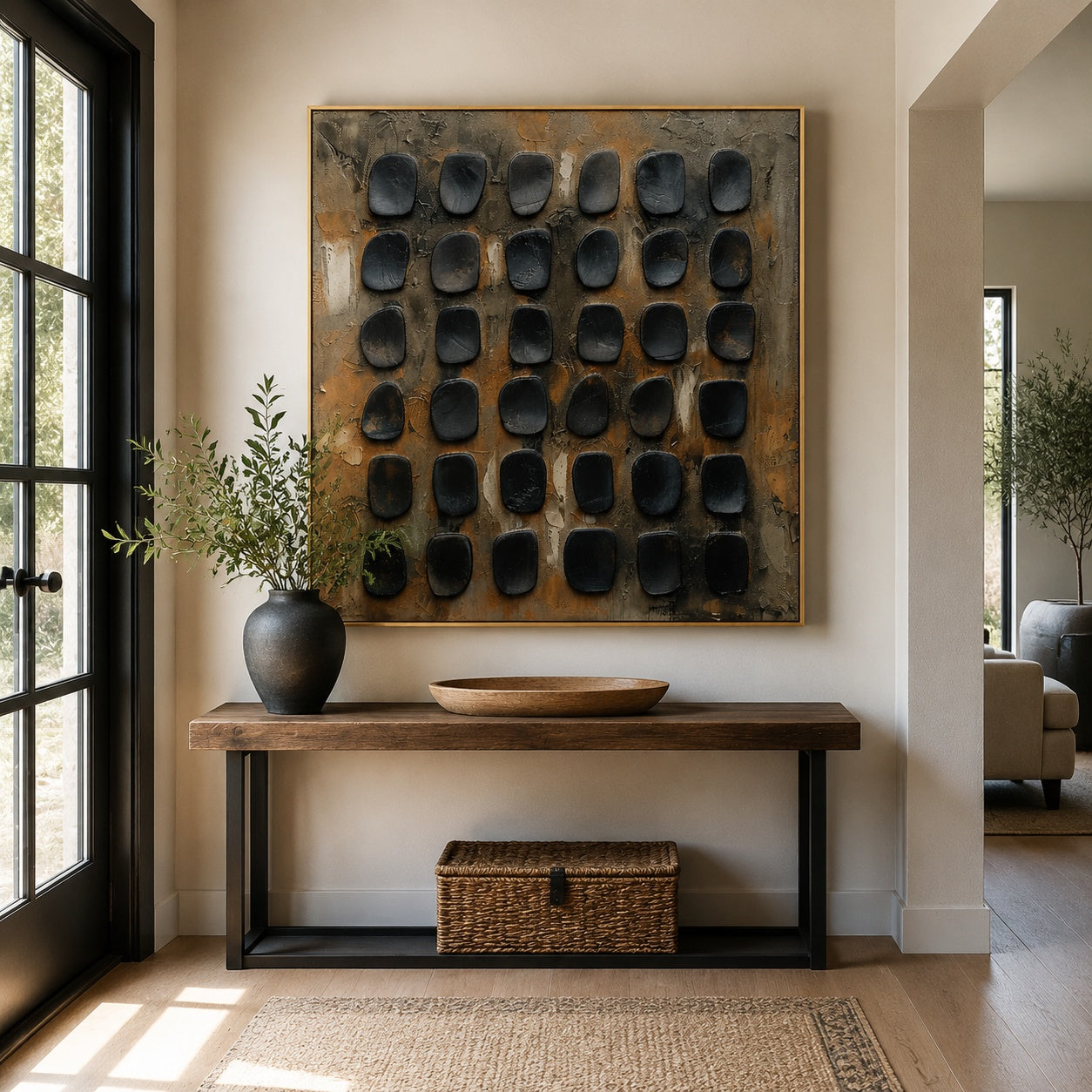 Black Stone Grid – Brown and Gray Textured Abstract Painting
