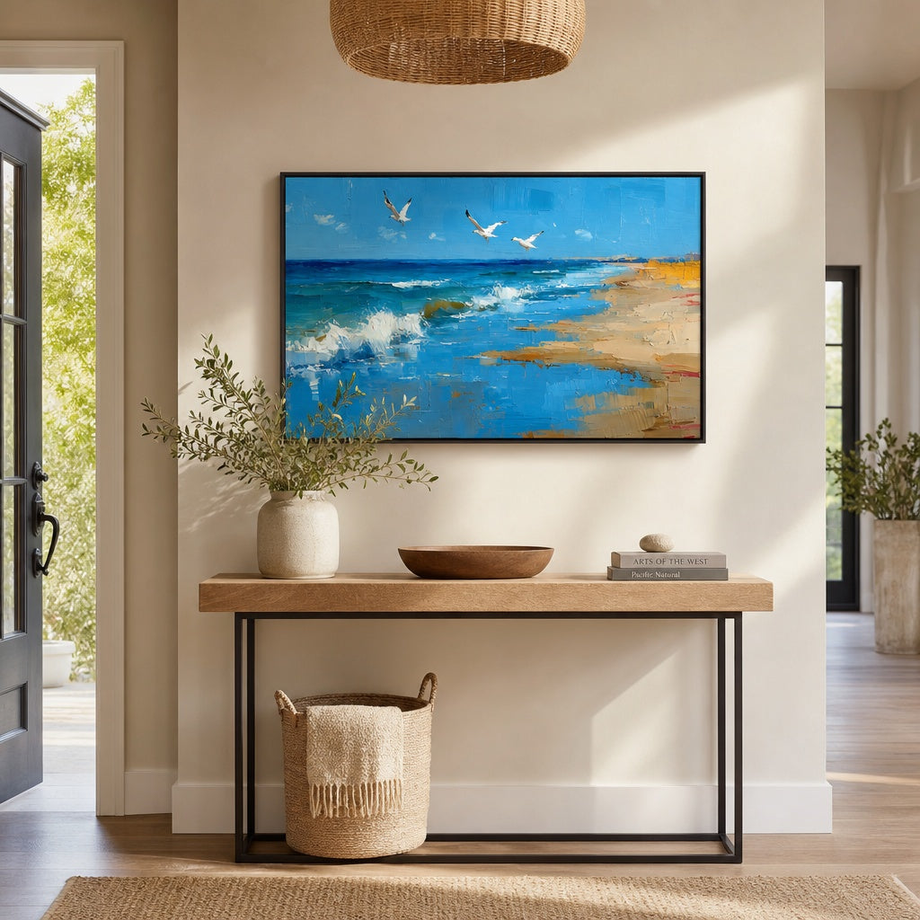 Seagulls Over Blue Shore