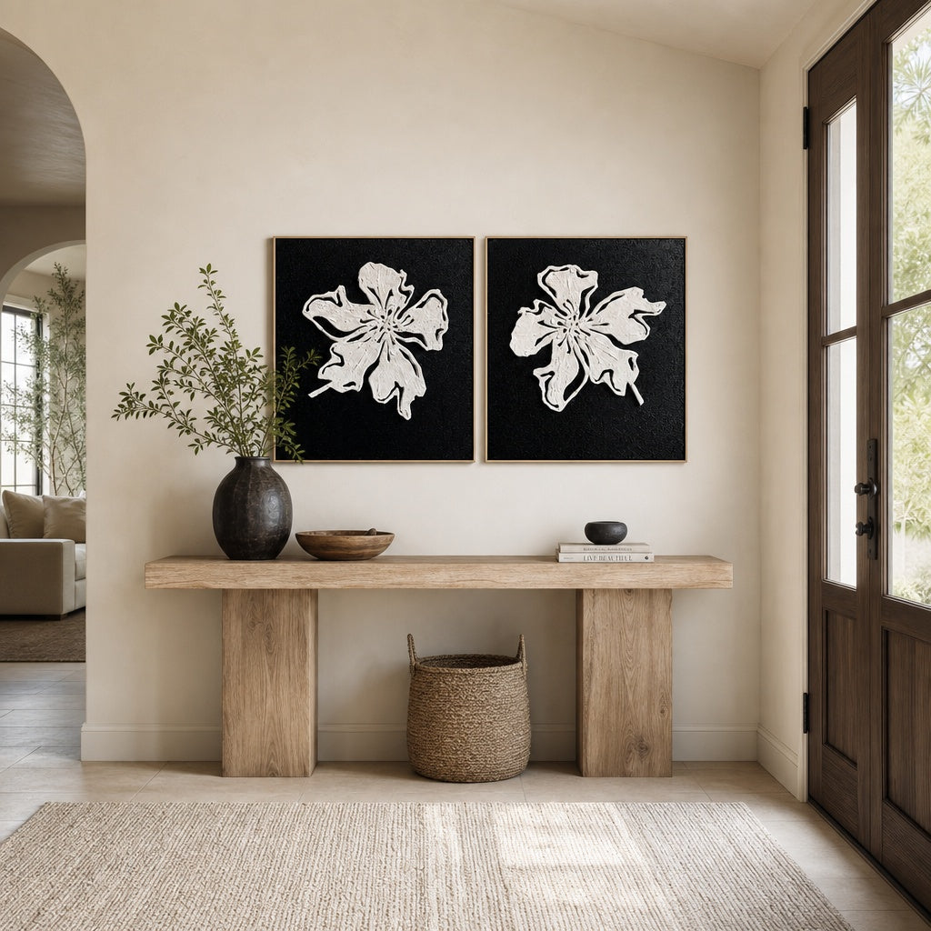 Black White Floral Relief Diptych