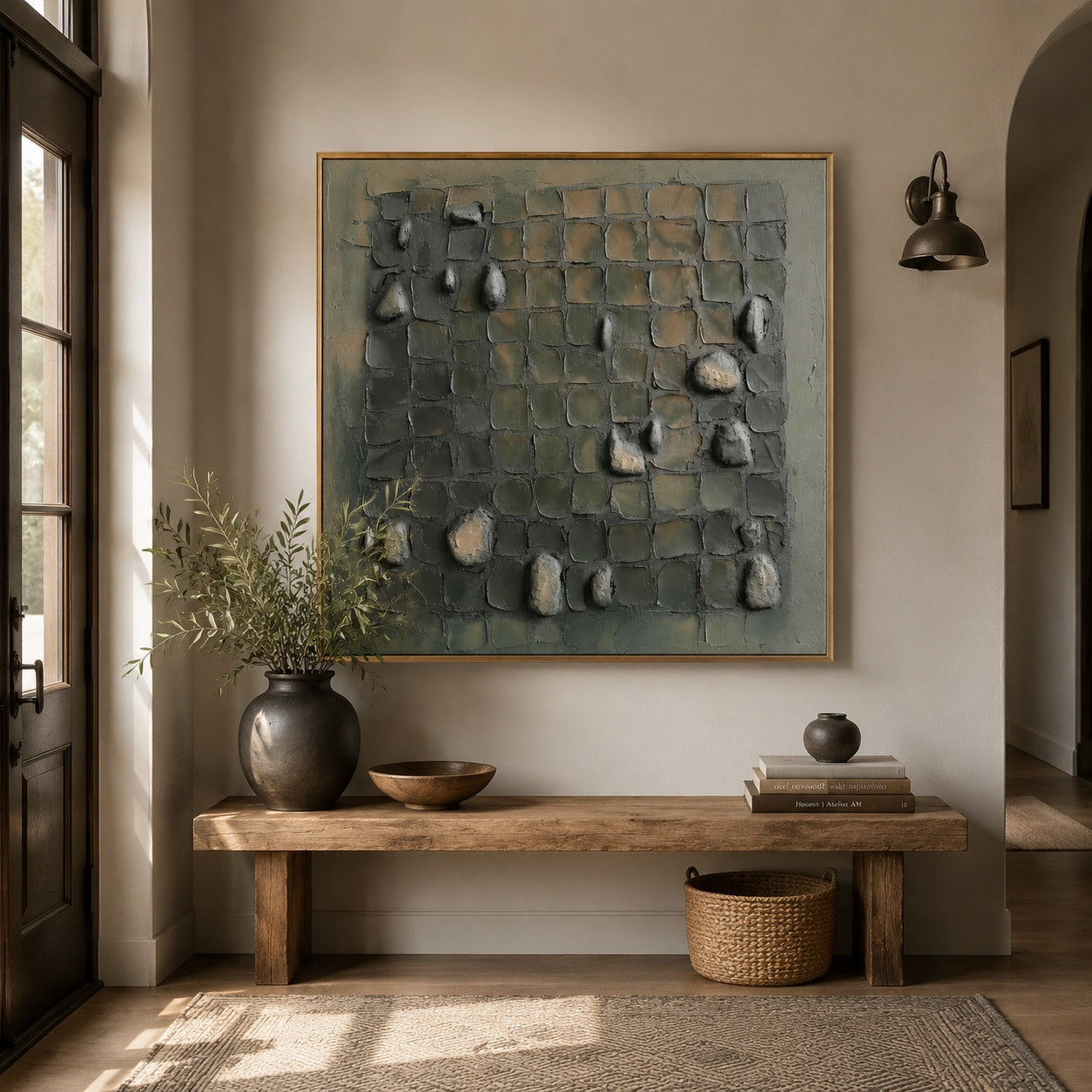 Weathered Stone Grid – Olive Gray Textured Abstract Painting