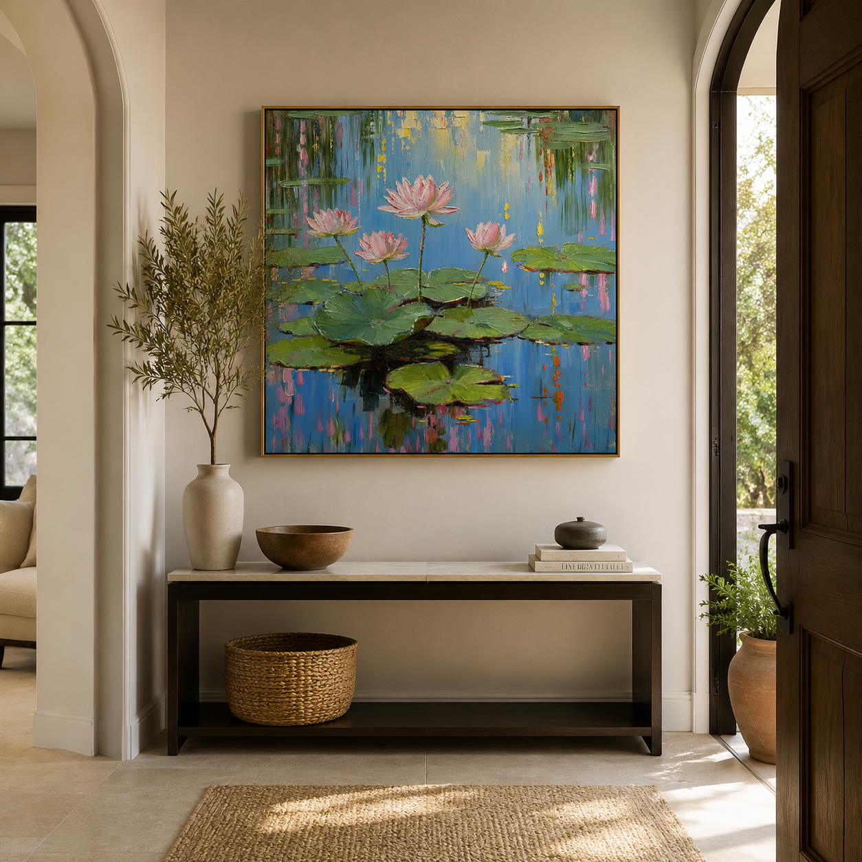 Pink Lotus on Blue Water – Impressionist Floral Pond Painting