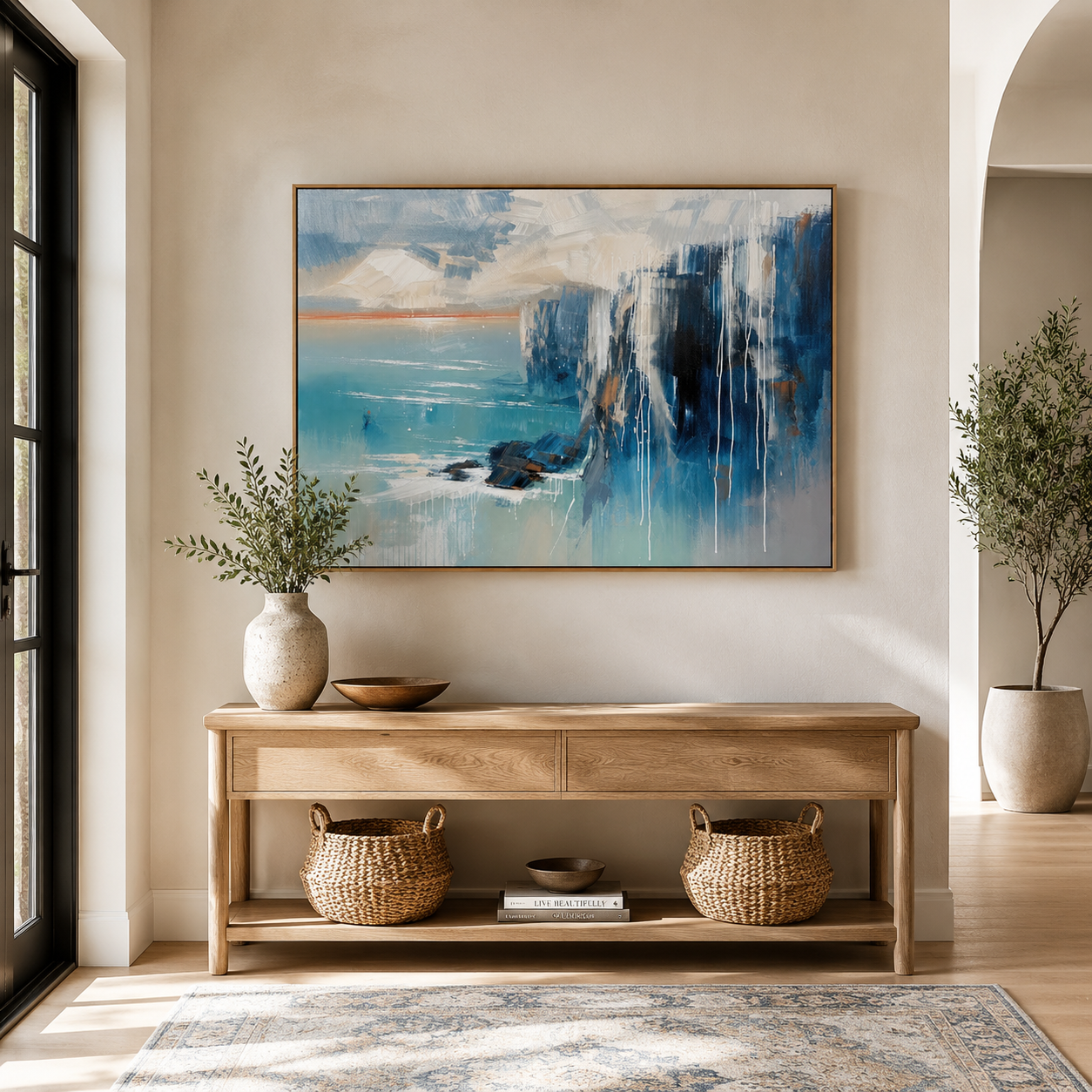 Azure Coastal Cliffs – Blue Abstract Seascape Painting