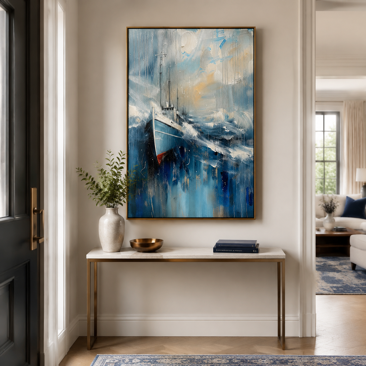 Stormbound Harbor – Blue Abstract Fishing Boat Painting