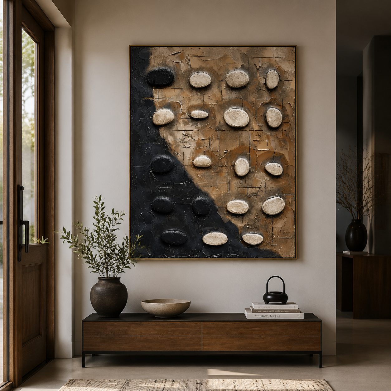 Stone Balance – Black and Beige Textured Abstract Painting