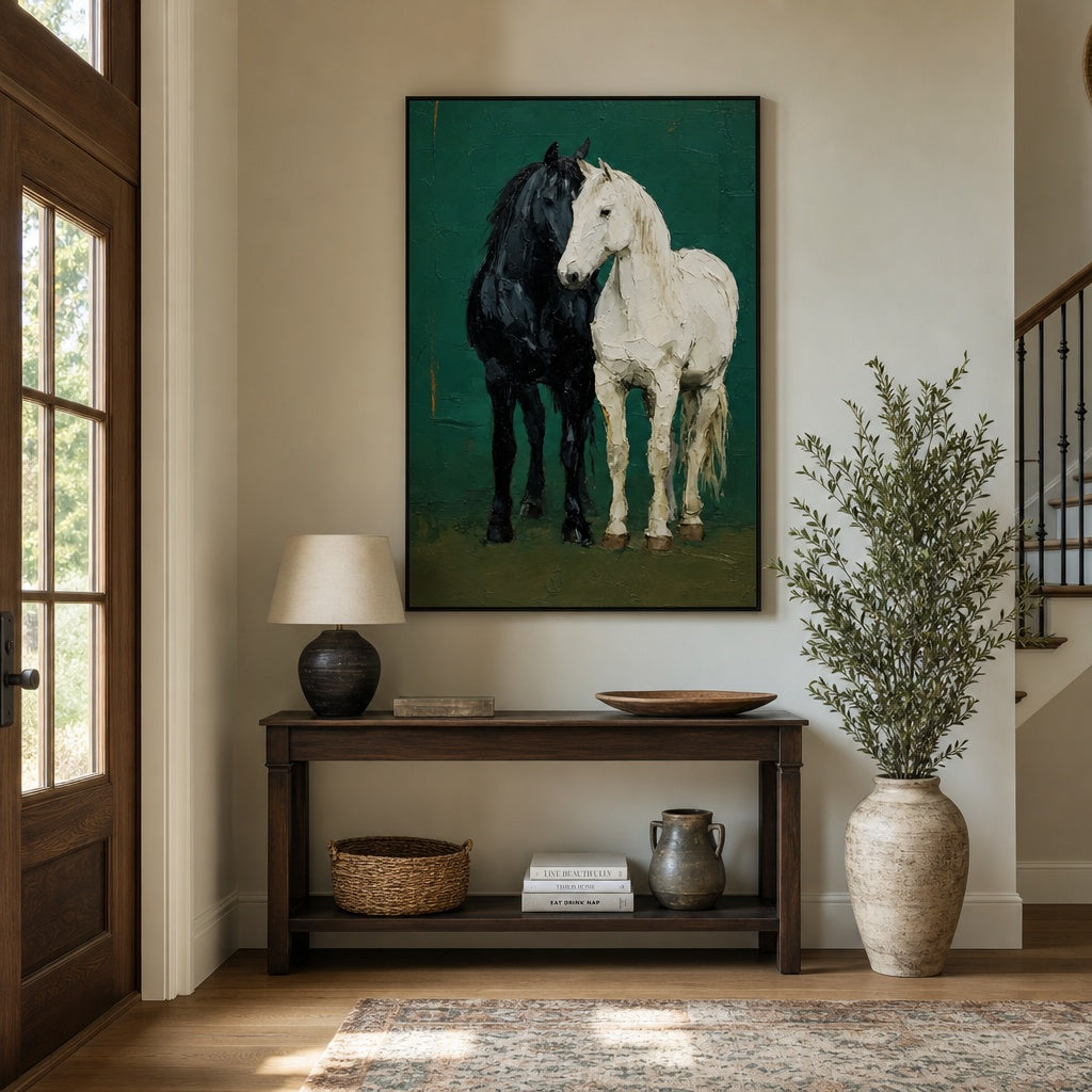 Black and White Horse Couple Textured Painting